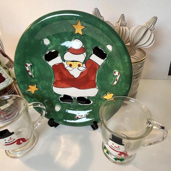 Gibson Christmas Santa Cookie Plate & Anchor Hocking Snowmen Cups Hostess Set - Picture 4 of 9